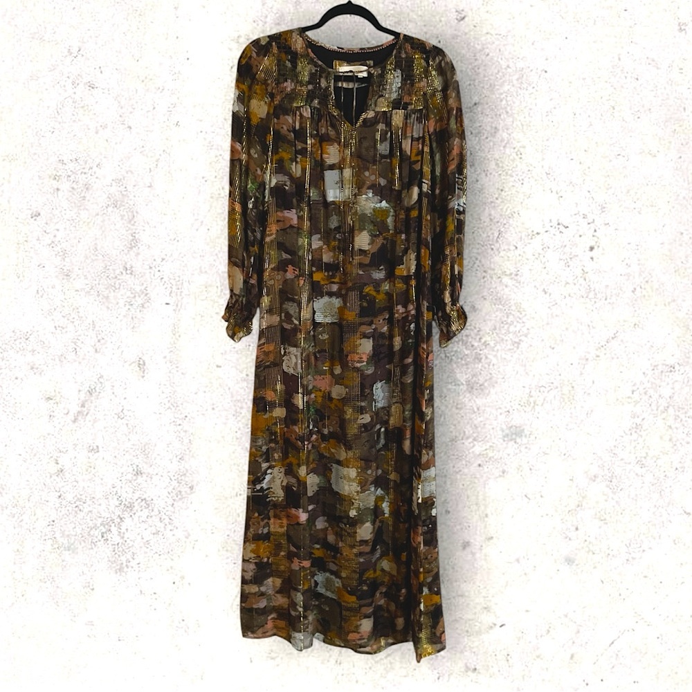 ANTHROPOLOGIE Blair GOLD Shimmer Maxi CAFTAN Dress XS $228 - Picture 4 of 9